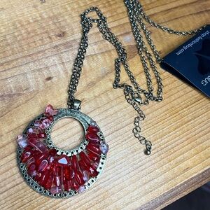 Brand New. Deep Red jeweled boho bronze necklace 17”